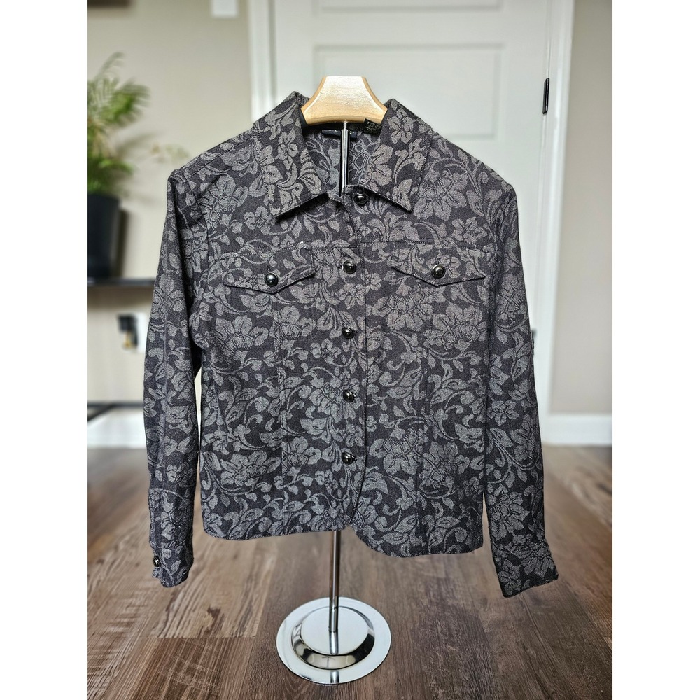 ELCC Womens Grey Floral Jacquard Cotton Button Front Jacket Sz‎ PS Petite Small
